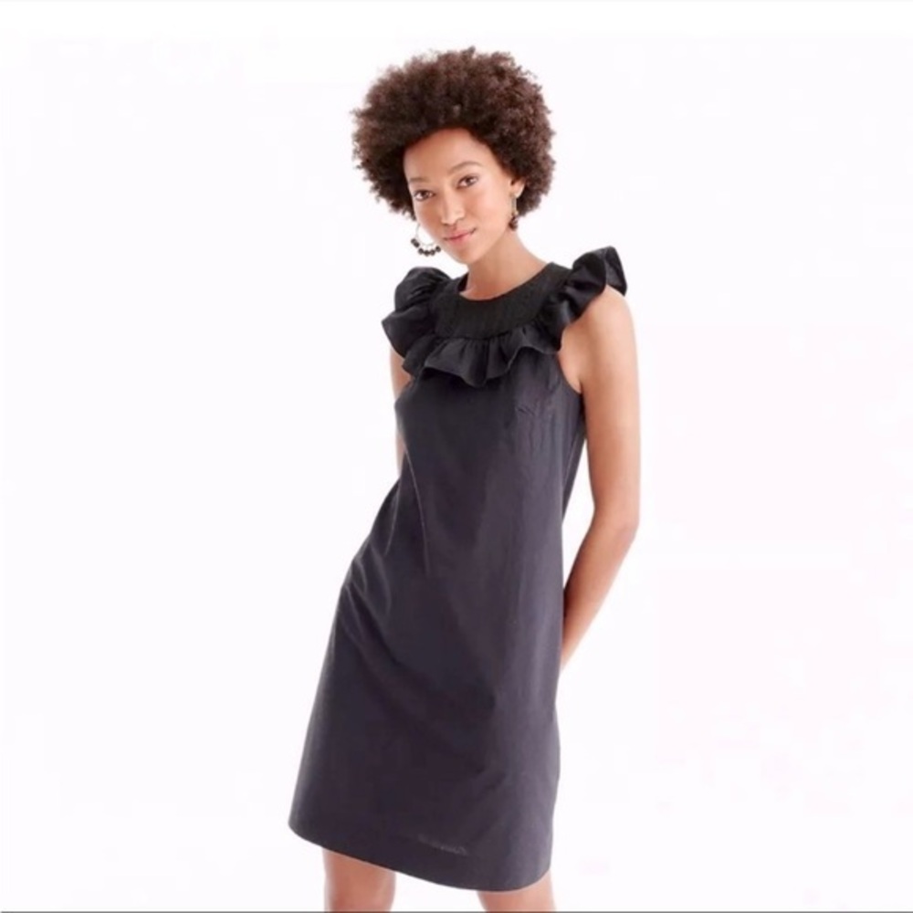 J Crew Ruffle Neck Black Shift Dress size 4 Embroidered Neck